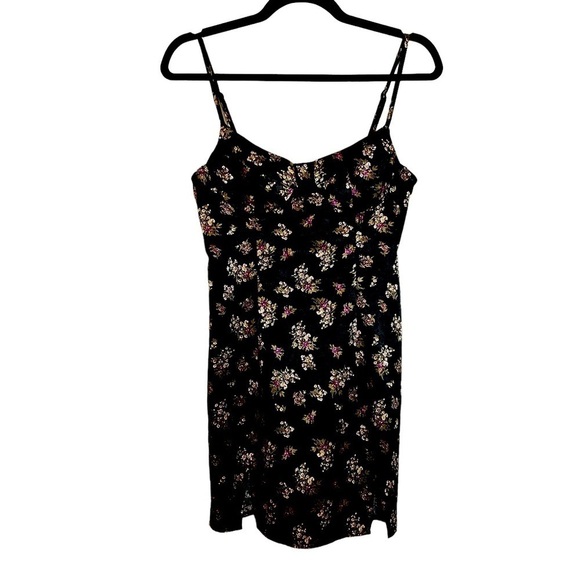 Skyler + Madison Black Satin Floral Print Spaghetti Strap Mini Slip Dress - Picture 1 of 16